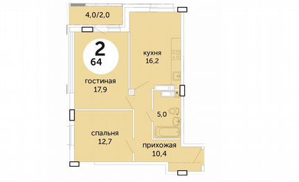 2-к квартира, 64.2 м², 12/25 эт.