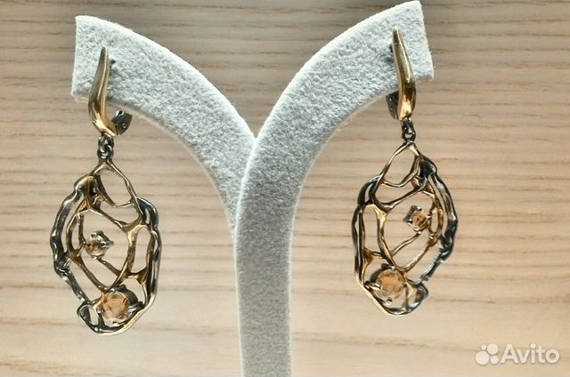Серьги и кольцо с цитрином, серебро Астра