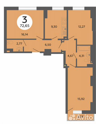 3-к квартира, 72.5 м², 8/25 эт.