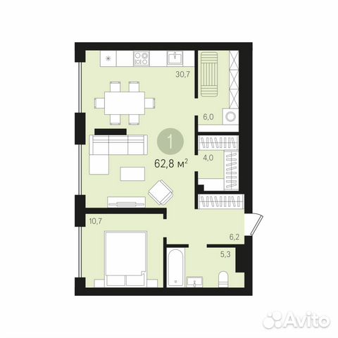 1-к квартира, 62.8 м², 1/8 эт.
