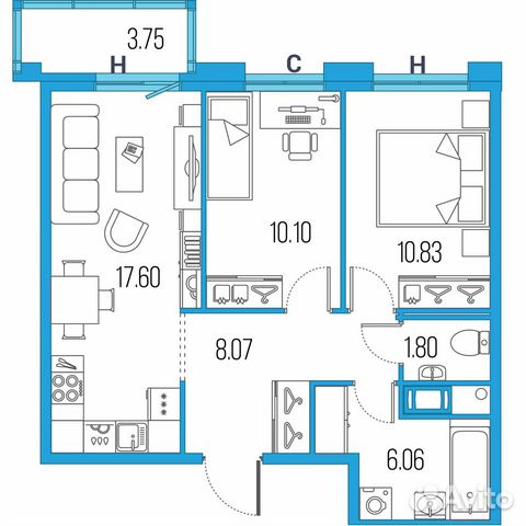 2-к квартира, 54.5 м², 4/22 эт.