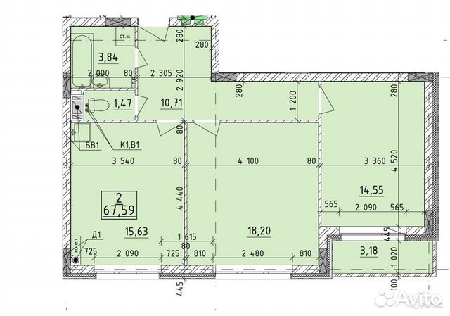 2-к квартира, 67.6 м², 5/6 эт. 2-к квартира, 67.6 м², 5/6 эт.