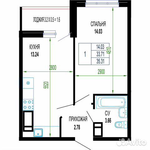 1-к квартира, 35.3 м², 15/24 эт. 1-к квартира, 35.3 м², 15/24 эт.