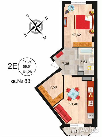 1-к квартира, 61.3 м², 10/20 эт. 1-к квартира, 61.3 м², 10/20 эт.
