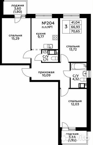 3-к квартира, 70.7 м², 8/8 эт.
