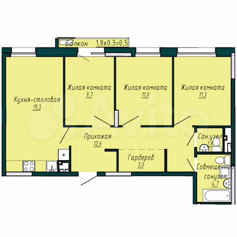 3-к. квартира, 73,4 м², 1/11 эт.