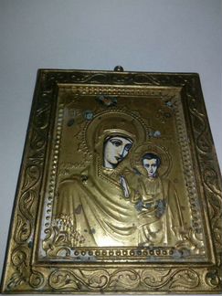 Икона старинная. Казанская богородица. Латунь