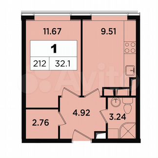 1-к апартаменты, 32.1 м², 16/18 эт.