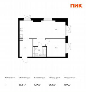 1-к квартира, 50.8 м², 27/33 эт.