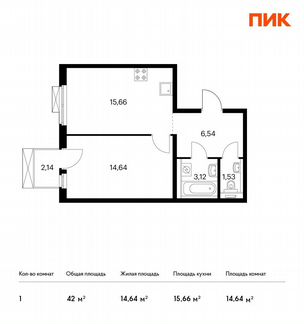 1-к квартира, 42 м², 3/14 эт.