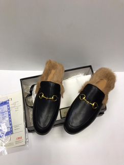 Мюли кожаные гуччи черные с мехом