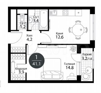 1-к квартира, 41.1 м², 17/21 эт.