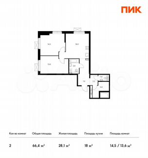 2-к квартира, 66.4 м², 21/25 эт.