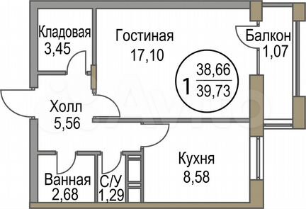 1-к квартира, 39.7 м², 4/19 эт.
