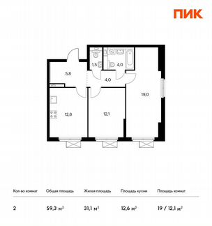 2-к квартира, 59.3 м², 12/17 эт.