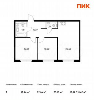 2-к квартира, 59.5 м², 1/14 эт.
